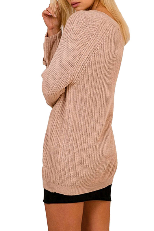 Iyasson Women Lace Up Front V Neck Long Sleeve Knit Sweater Top