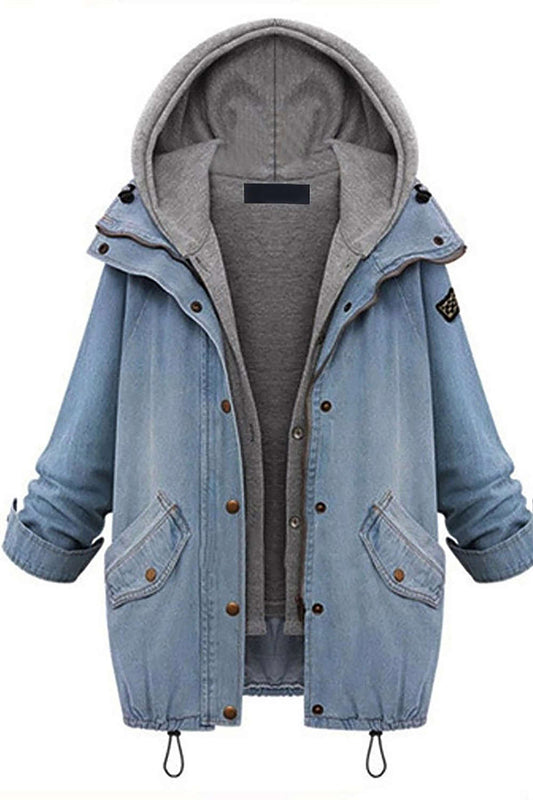 Iyasson Women's Two-piece Blue Denim Coat with Hoodie Vest 