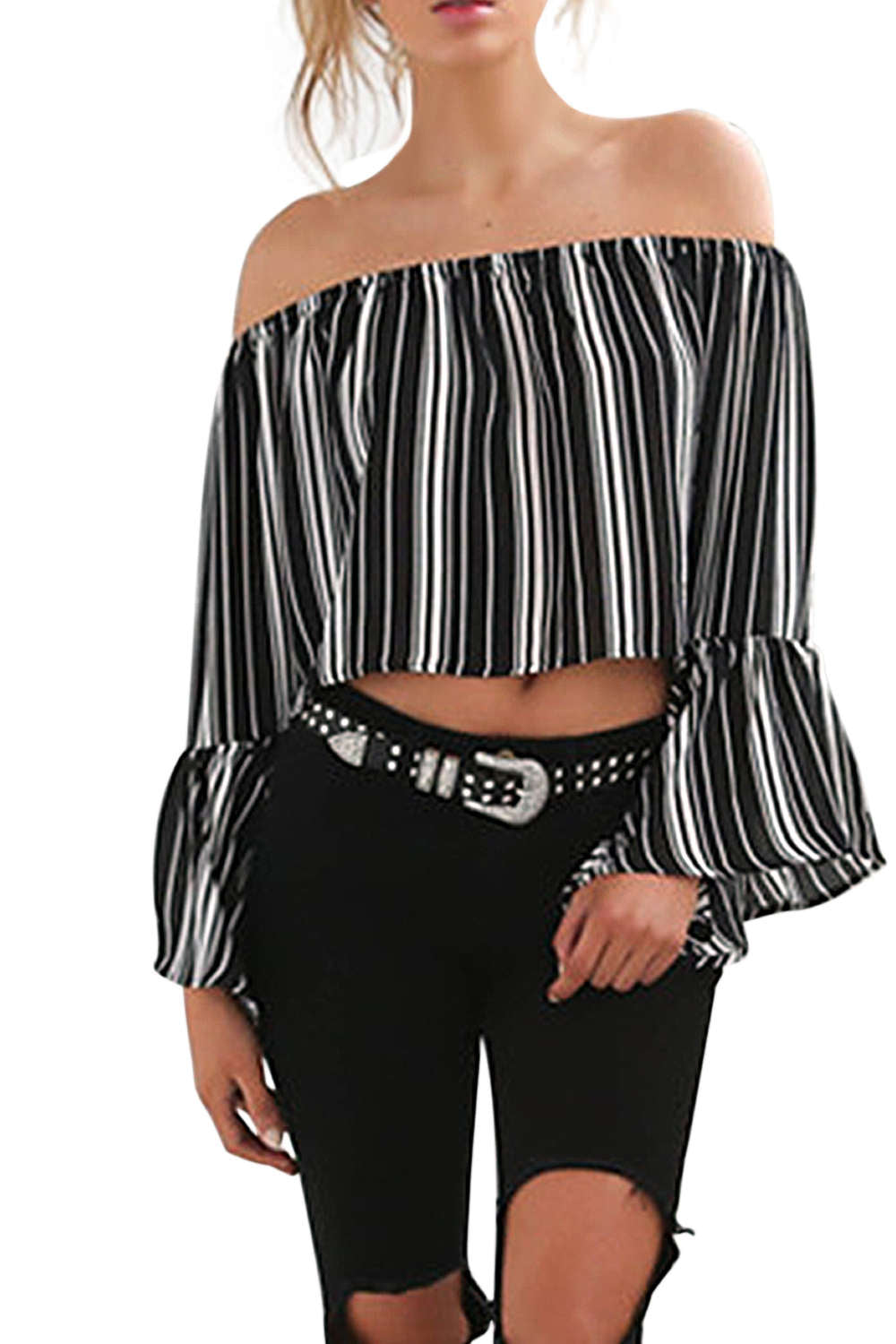 Iyasson Women's Off Shoulder Striped Casual Blouses