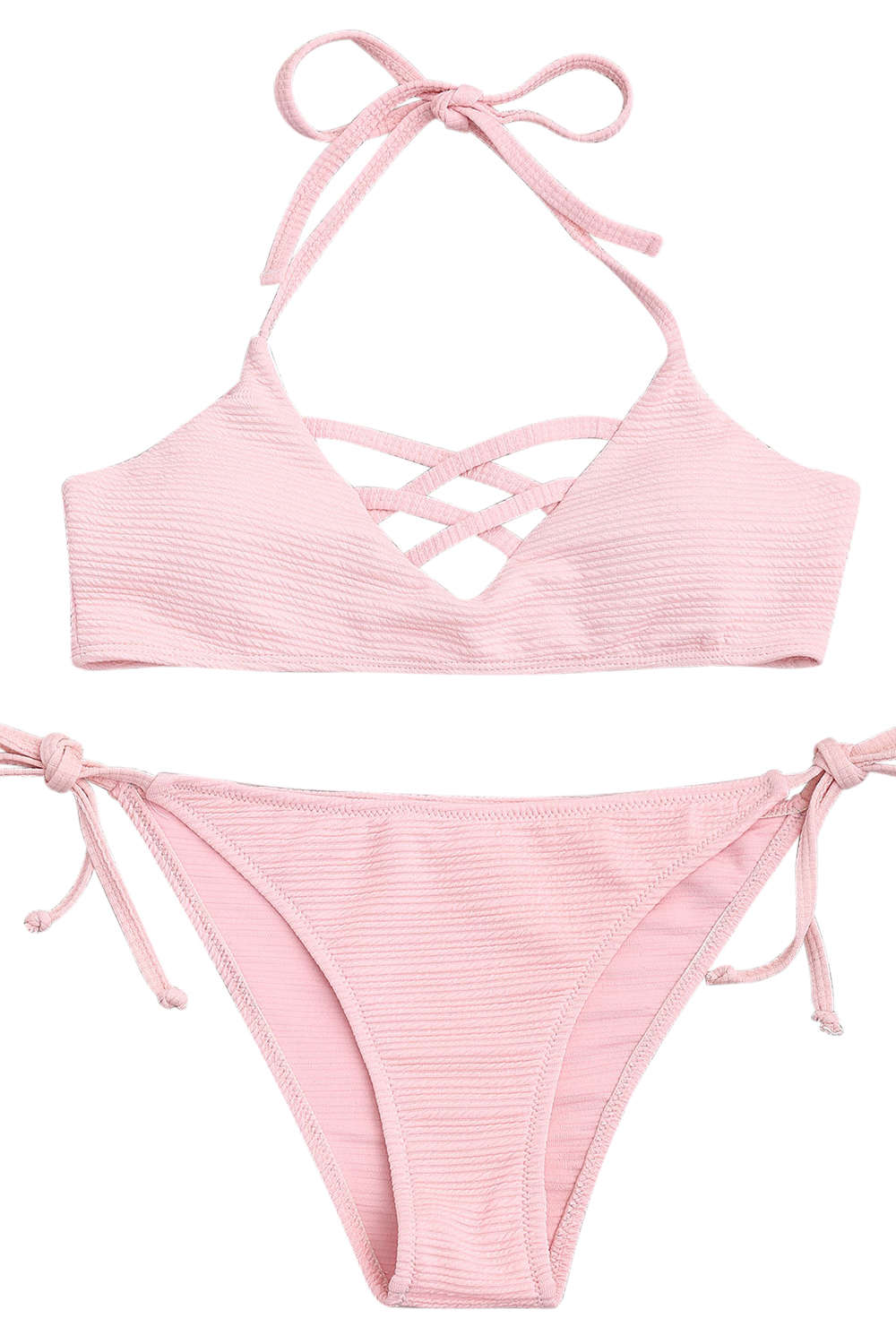 Iyasson Creamy Pink Cross Design Halter Bikini Swimwear