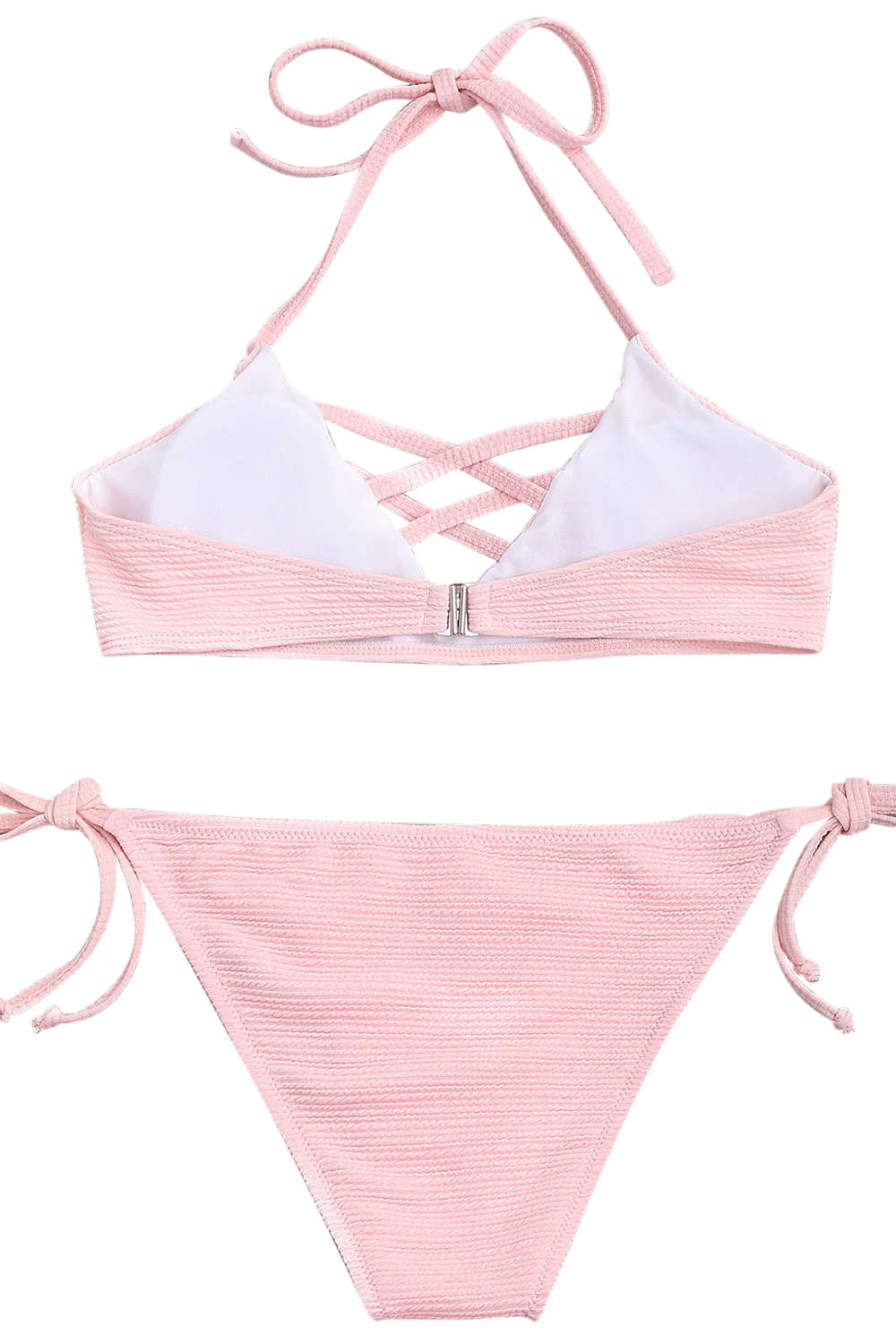 Iyasson Creamy Pink Cross Design Halter Bikini Swimwear