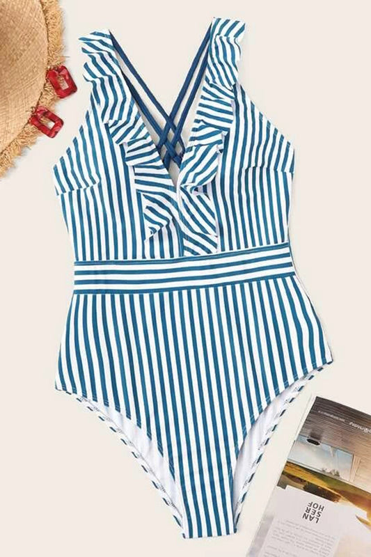 Striped Ruffle Trim One Piece Swimsuit