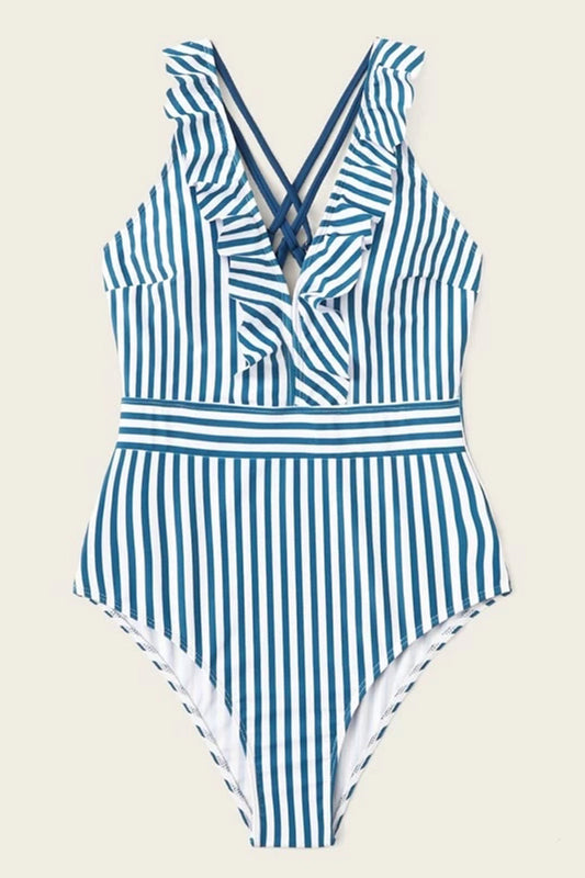 Striped Ruffle Trim One Piece Swimsuit