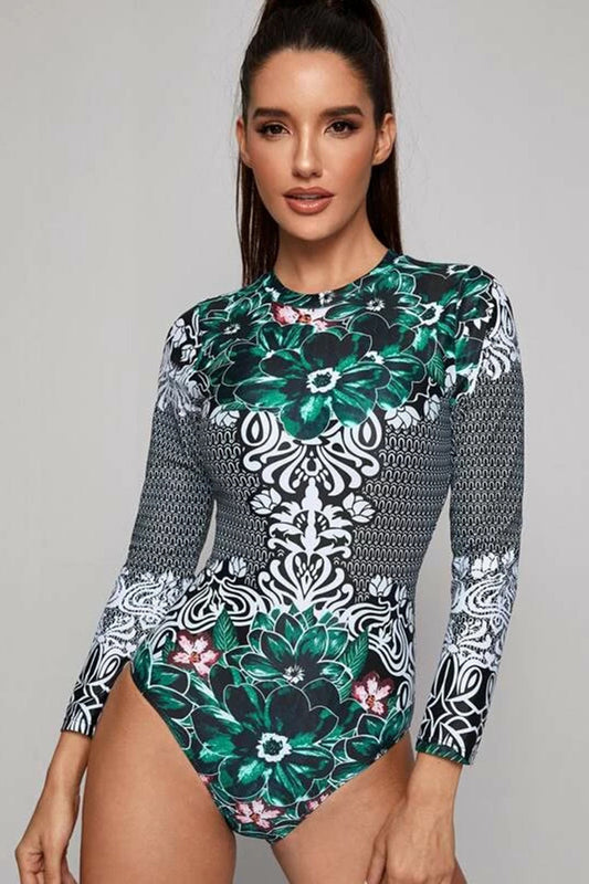 Floral Print Long Sleeve One Piece Swimwear