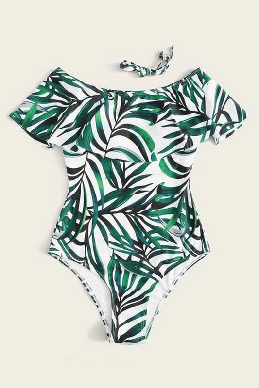 Tropical Ruffle Bardot One Piece Swimwear