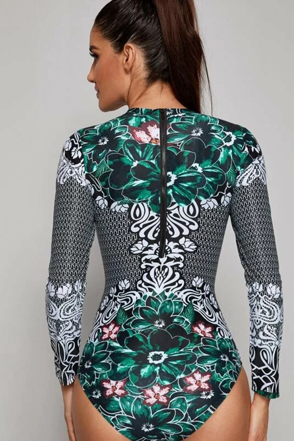 Floral Print Long Sleeve One Piece Swimwear