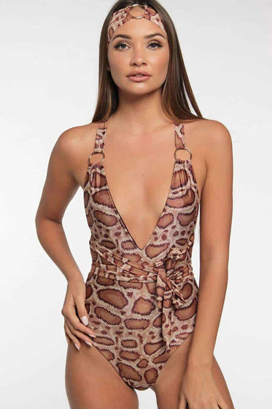 LOW BACK HIGH LEG CRISSCROSS BACK SNAKE DEEP V ONE PIECE SWIMSUIT