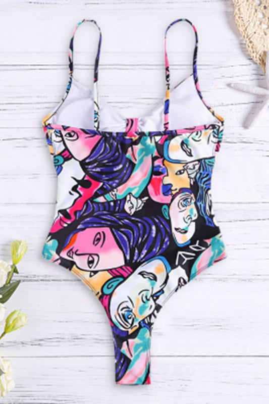 Spaghetti Strap Padded Cut Out Tied Bowknot Print Women Swimsuit