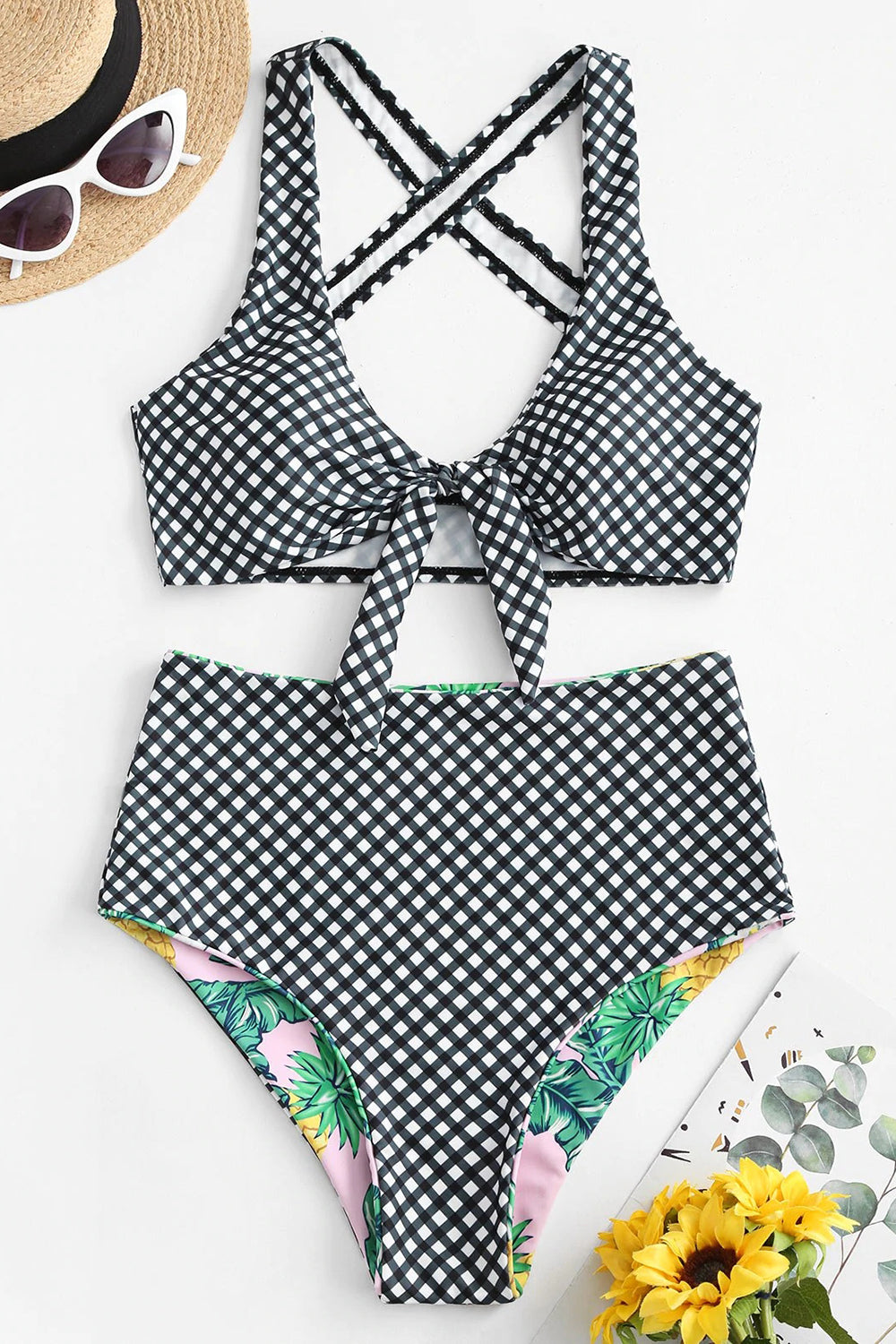 Reversible Gingham Pineapple Crisscross Tied Bikini Swimwear