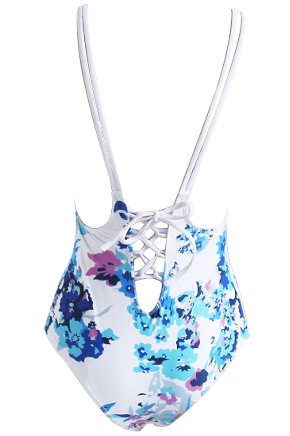 Iyasson Blue Floral Print Backless One Piece Swimsuit