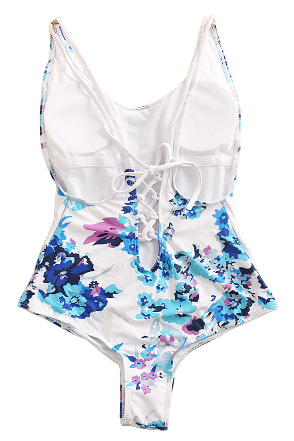 Iyasson Blue Floral Print Backless One-piece Swimsuit