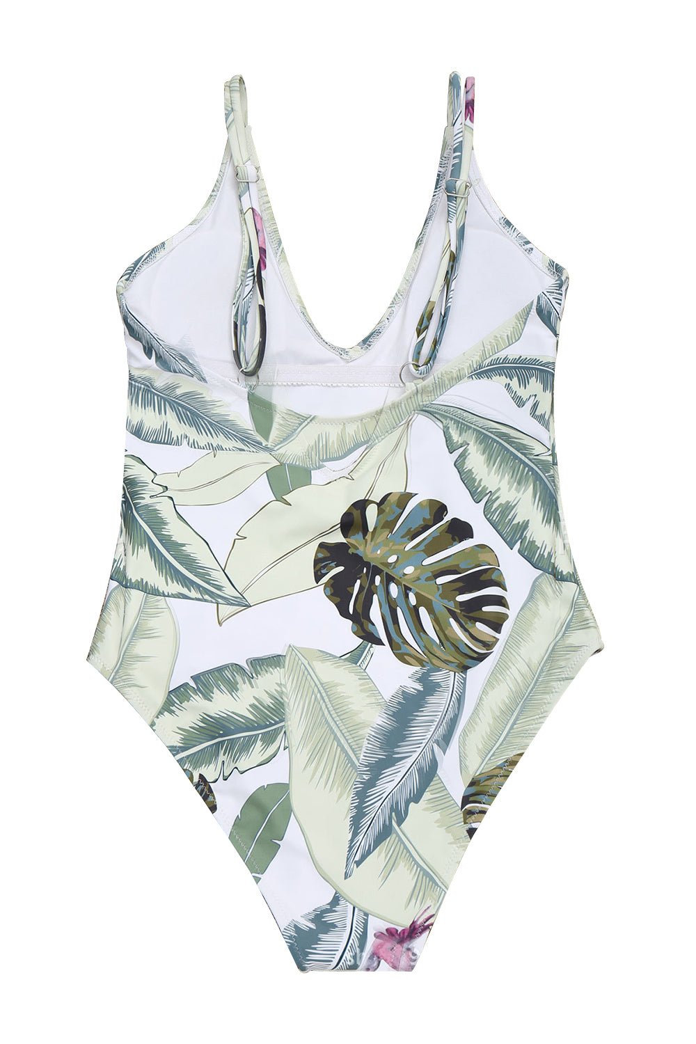 Iyasson Light Green Leaves Printing Deep V-neck One-piece Swimsuit