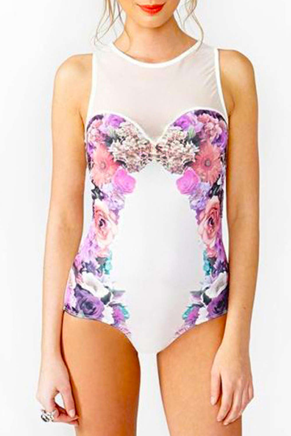 Iyasson White Floral Printing Mesh Splicing One Piece Swimsuit