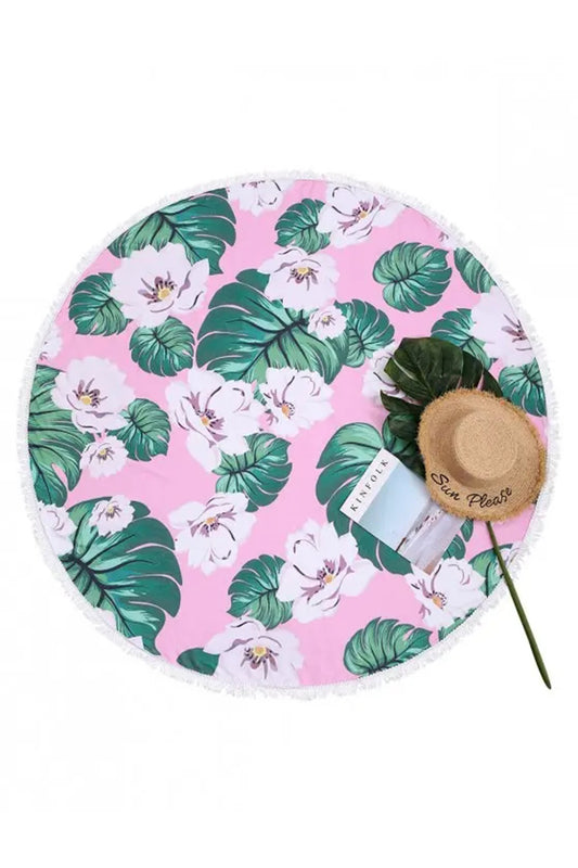 Flower Leaf Graphic Fringed Round Beach Blanket