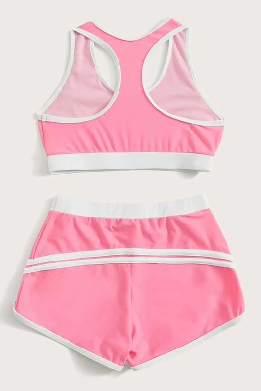 Girls Contrast Binding Tank Top With Shorts Bikini