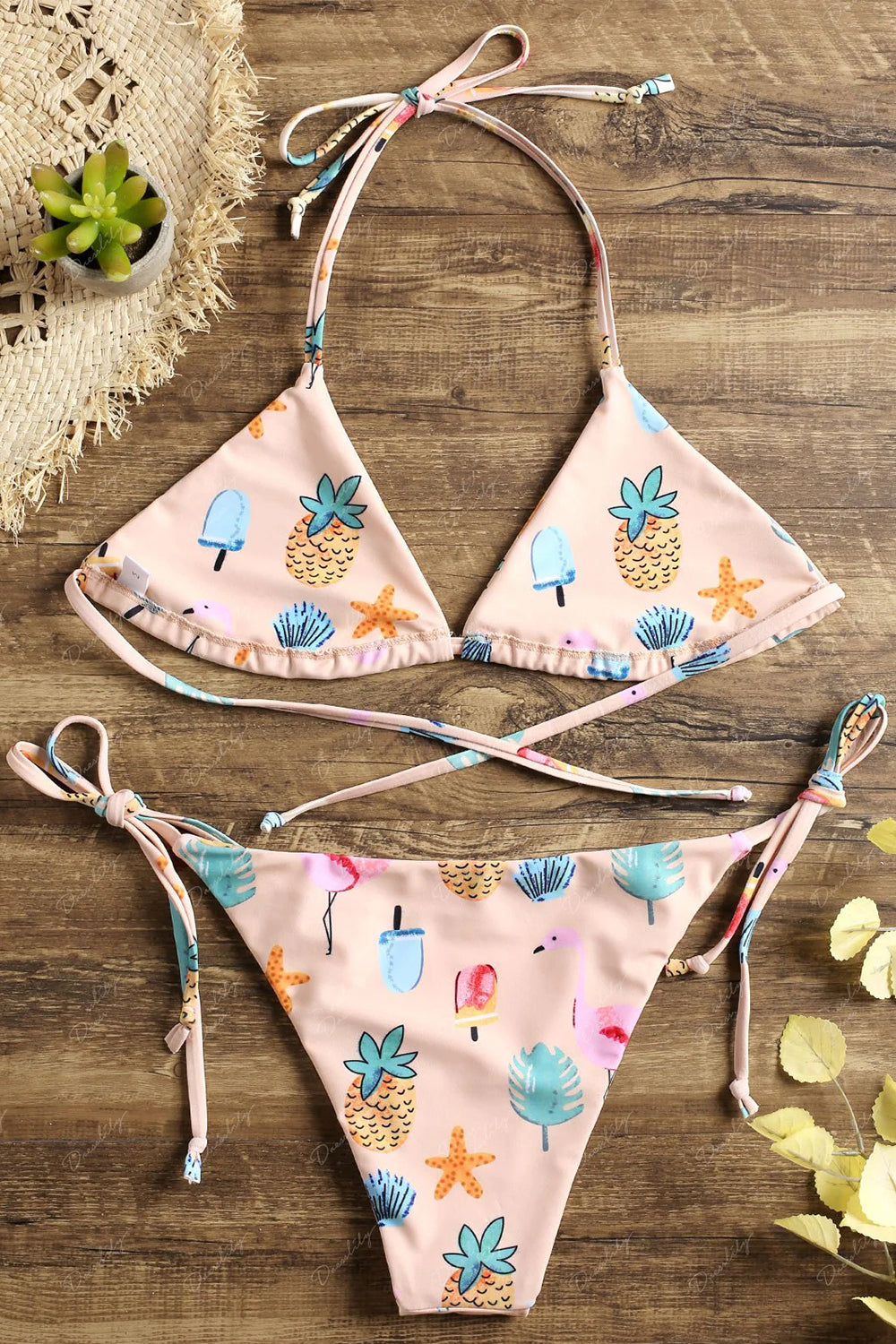 Self-tie Flamingo Tropical String Bikini