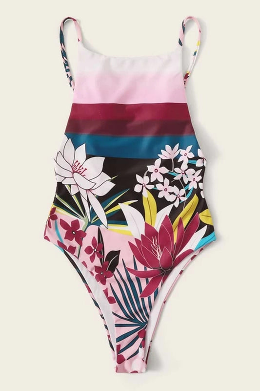 Floral Print One Piece Stripe Thong Sexy Swimsuit