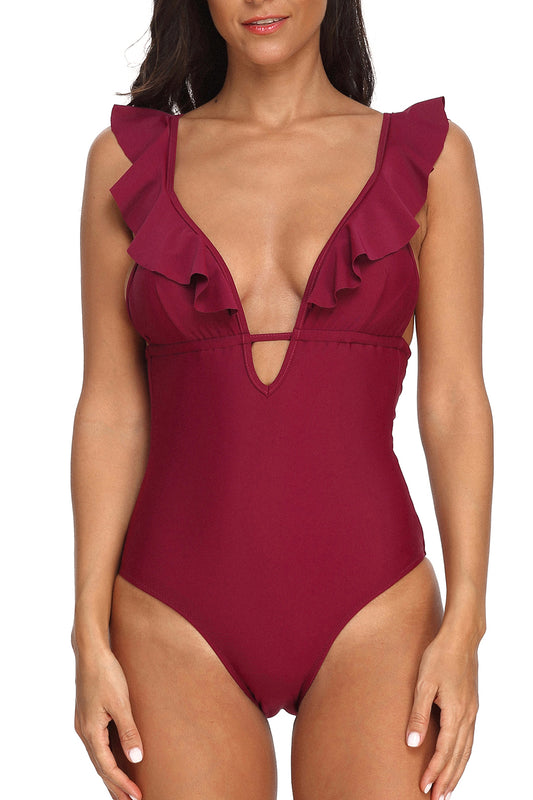 Women One Piece Bathing Suit Falbala Plunge V Neck Monokini Swimsuit