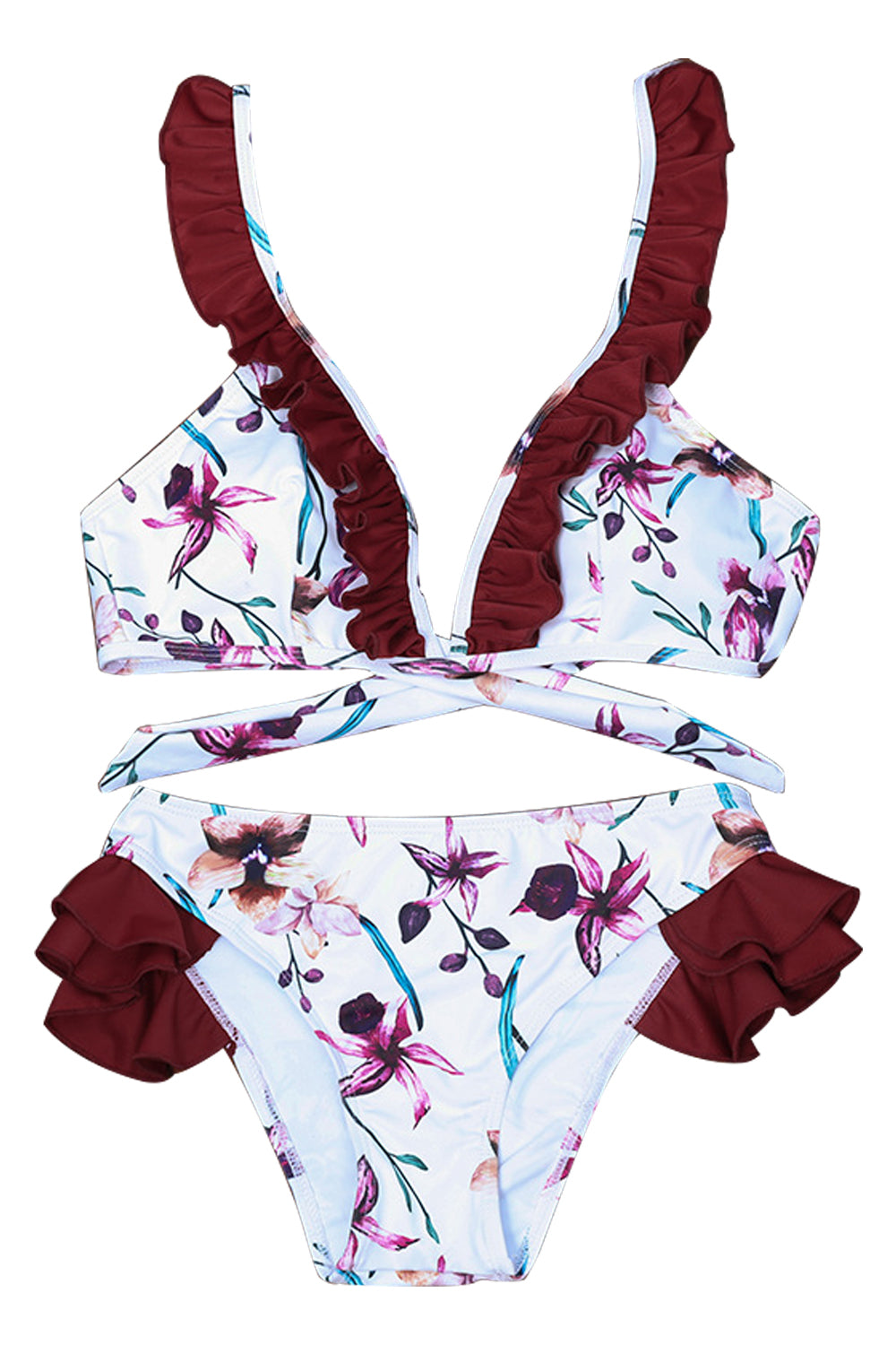 Iyasson Wine red Floral Printing Falbala Bikini Set