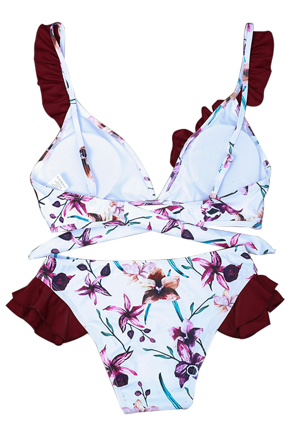 Iyasson Wine red Floral Printing Falbala Bikini Set